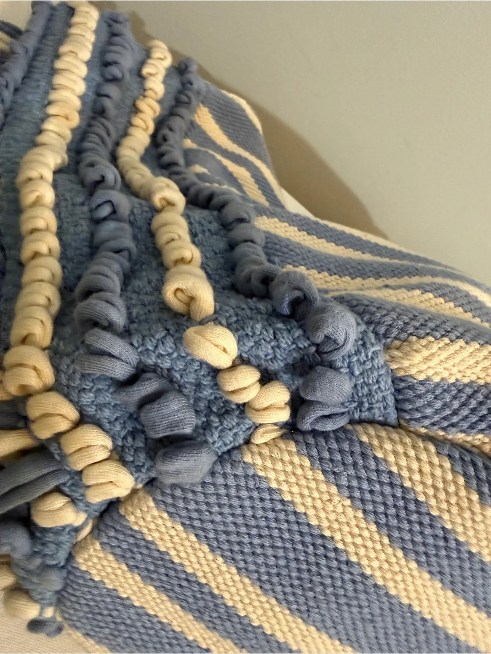 Striped Blue & Cream Fringe Tote Bag Rope Handles